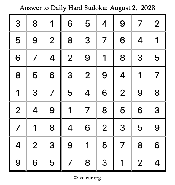 Answer to hard sudoku August 2, 2028
