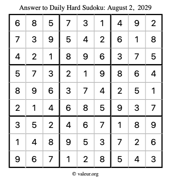 Answer to hard sudoku August 2, 2029