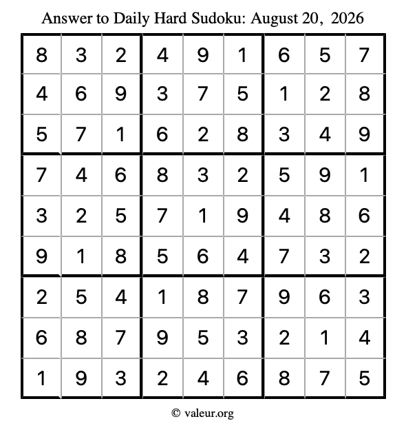 Answer to hard sudoku August 20, 2026