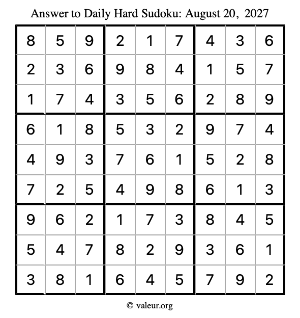 Answer to hard sudoku August 20, 2027