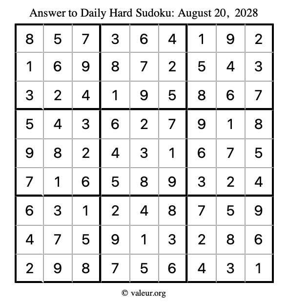 Answer to hard sudoku August 20, 2028