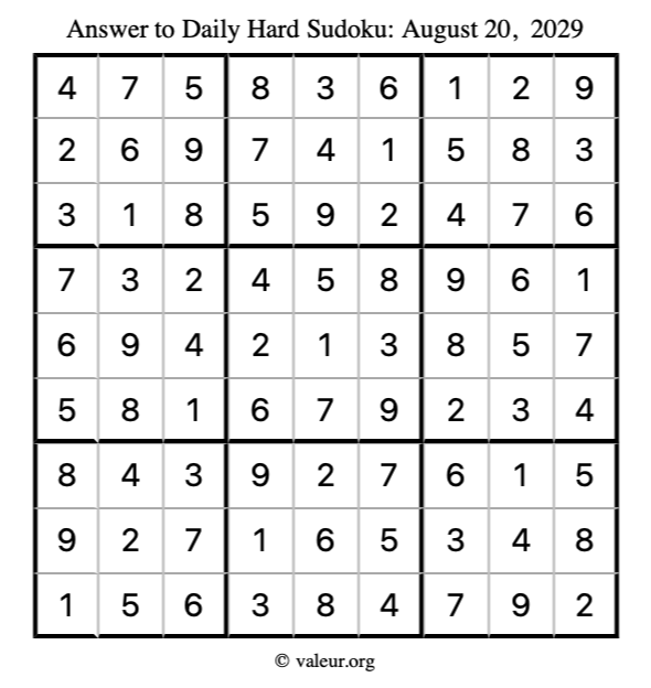 Answer to hard sudoku August 20, 2029