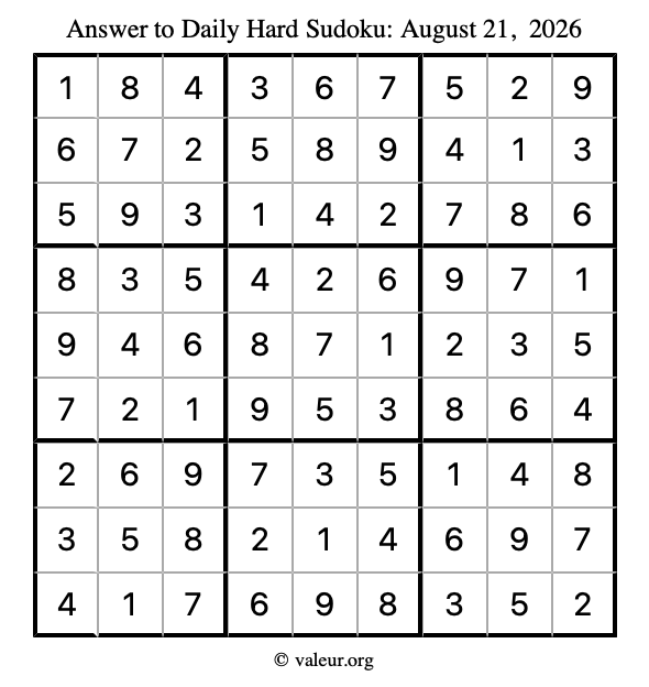 Answer to hard sudoku August 21, 2026