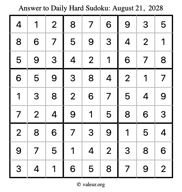 Answer to hard sudoku August 21, 2028