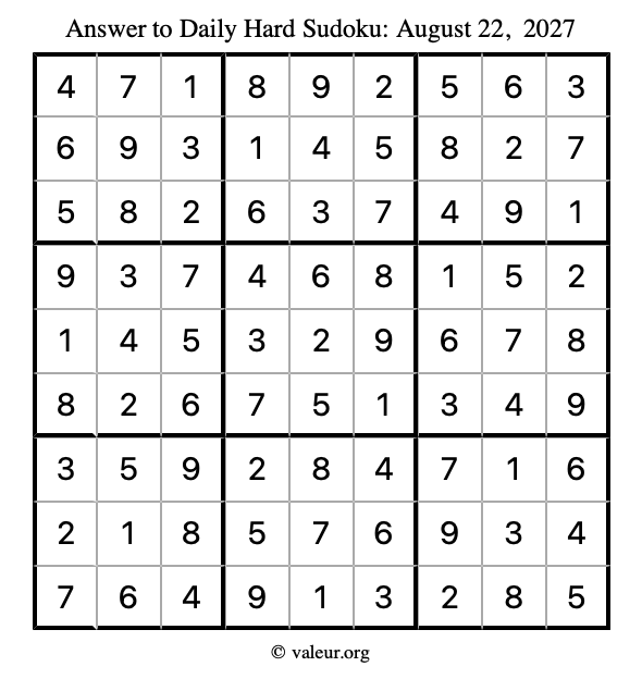 Answer to hard sudoku August 22, 2027