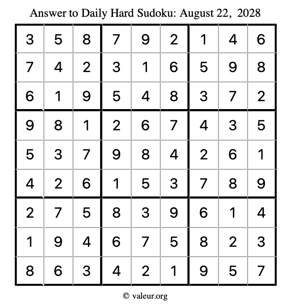 Answer to hard sudoku August 22, 2028