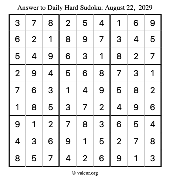 Answer to hard sudoku August 22, 2029
