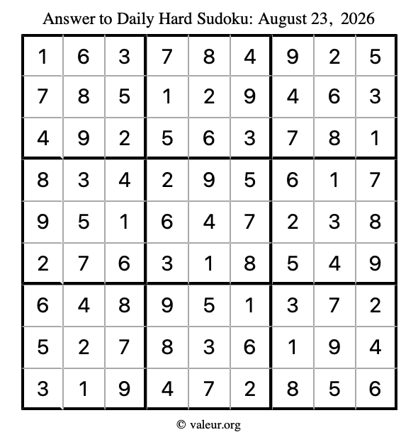 Answer to hard sudoku August 23, 2026