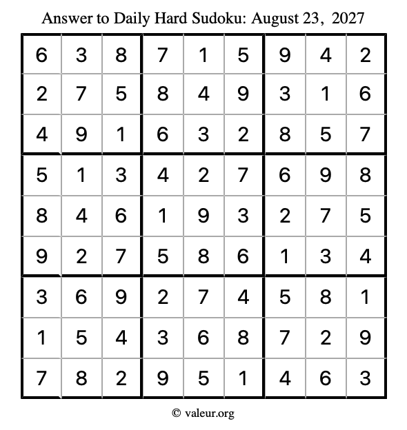 Answer to hard sudoku August 23, 2027