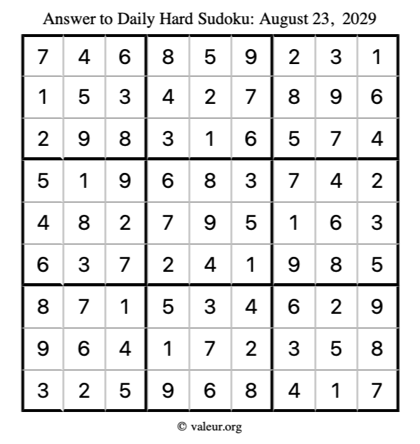 Answer to hard sudoku August 23, 2029