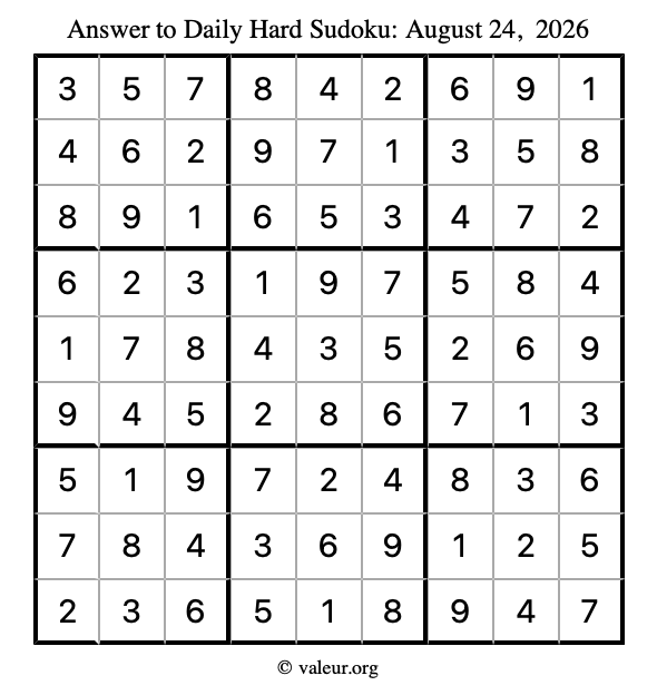 Answer to hard sudoku August 24, 2026