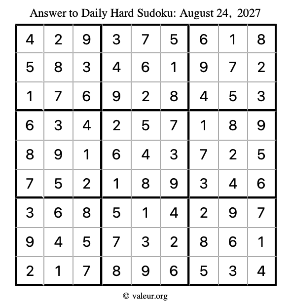 Answer to hard sudoku August 24, 2027