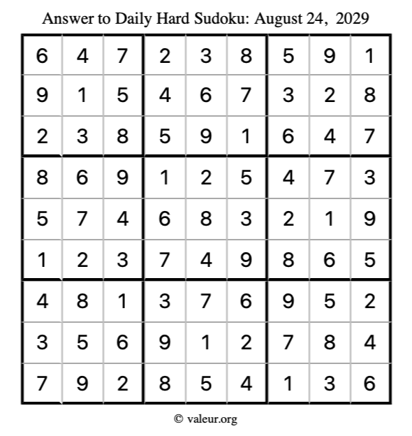 Answer to hard sudoku August 24, 2029