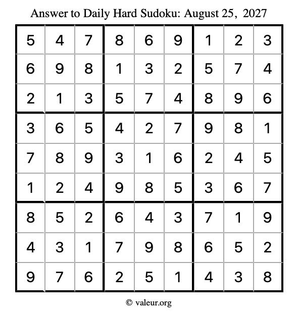 Answer to hard sudoku August 25, 2027
