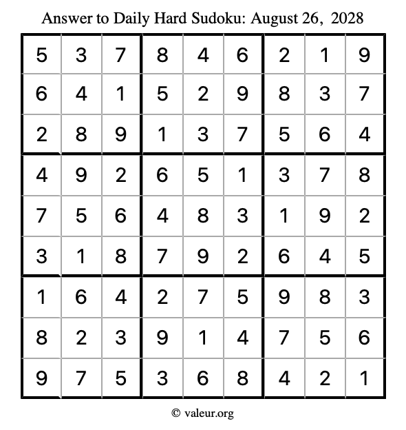 Answer to hard sudoku August 26, 2028