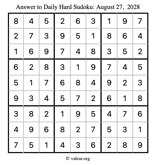 Answer to hard sudoku August 27, 2028