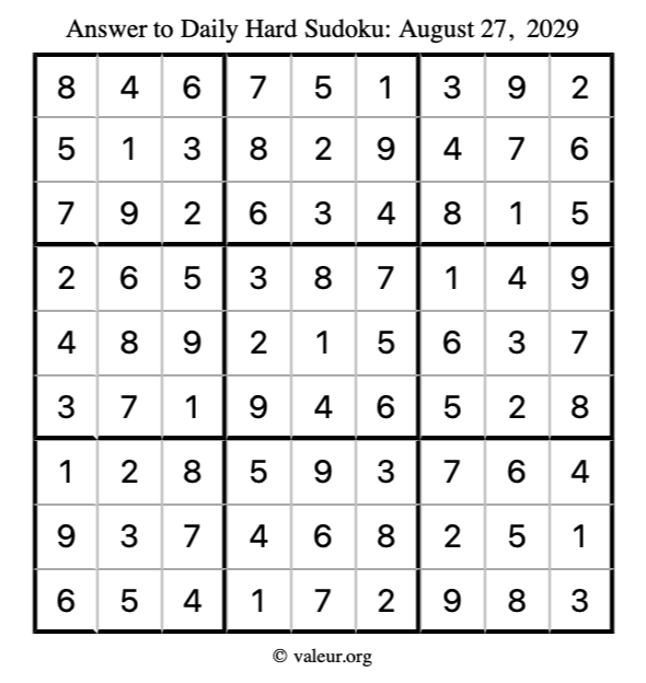 Answer to hard sudoku August 27, 2029