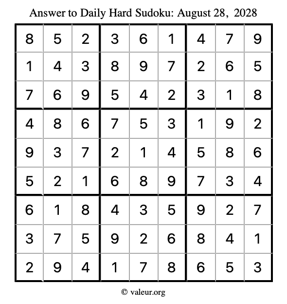 Answer to hard sudoku August 28, 2028