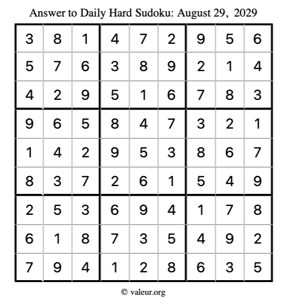 Answer to hard sudoku August 29, 2029