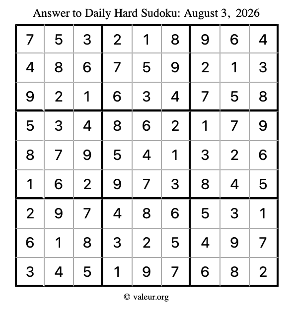 Answer to hard sudoku August 3, 2026