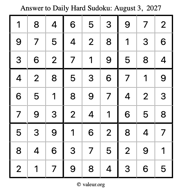 Answer to hard sudoku August 3, 2027