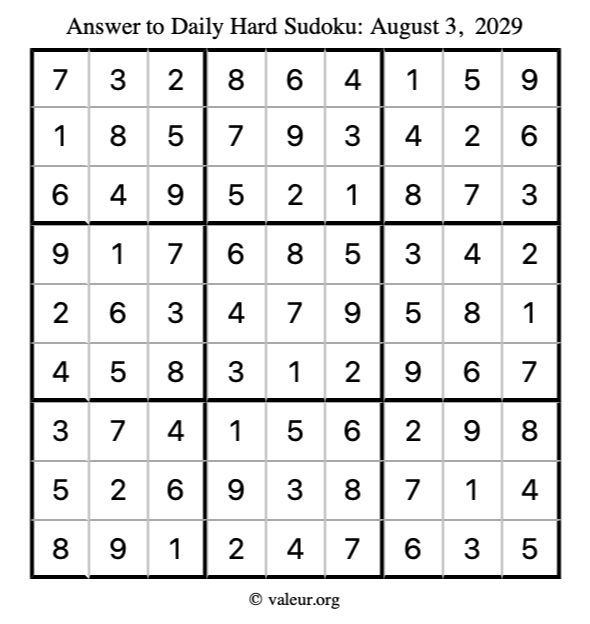 Answer to hard sudoku August 3, 2029