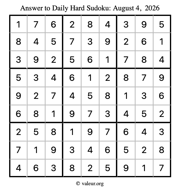 Answer to hard sudoku August 4, 2026
