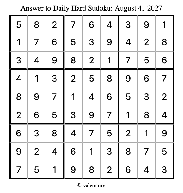 Answer to hard sudoku August 4, 2027