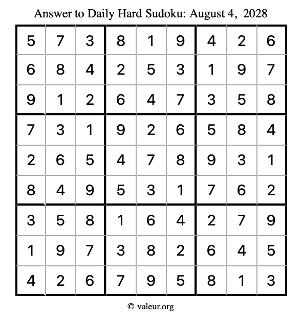 Answer to hard sudoku August 4, 2028