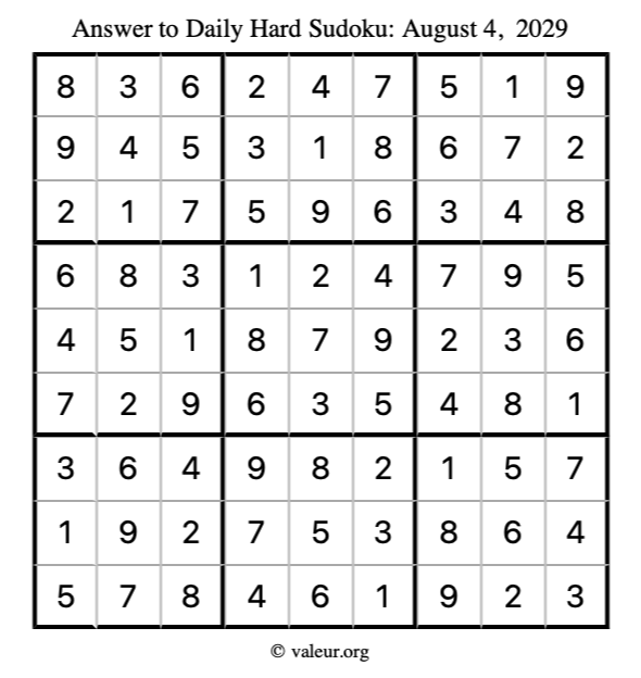 Answer to hard sudoku August 4, 2029
