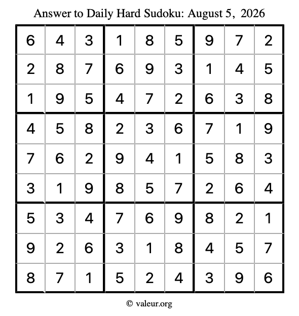 Answer to hard sudoku August 5, 2026