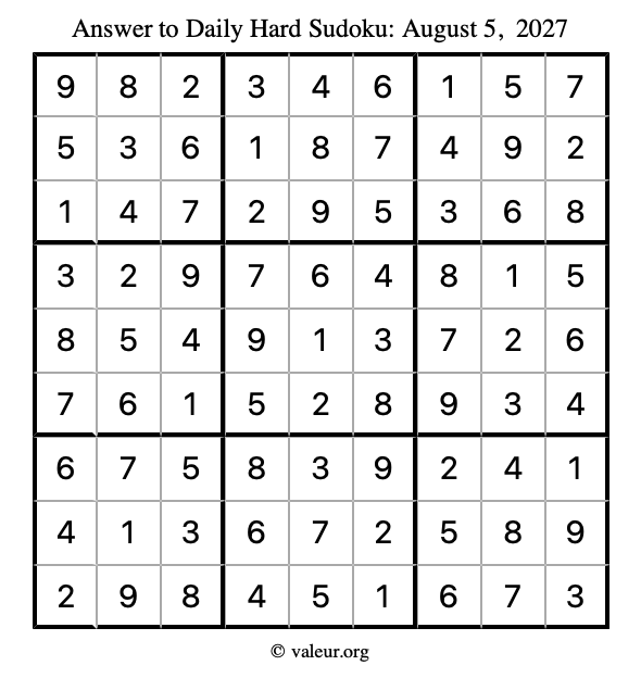 Answer to hard sudoku August 5, 2027