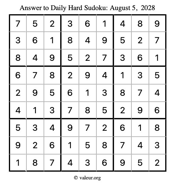 Answer to hard sudoku August 5, 2028