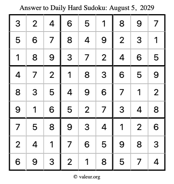 Answer to hard sudoku August 5, 2029