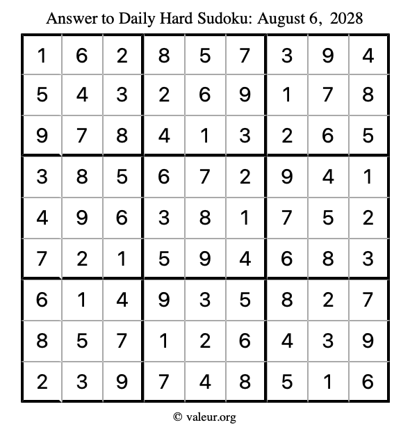 Answer to hard sudoku August 6, 2028