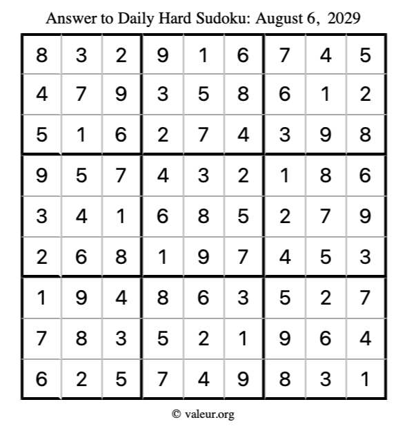 Answer to hard sudoku August 6, 2029