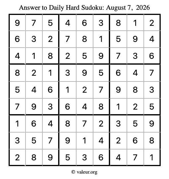 Answer to hard sudoku August 7, 2026