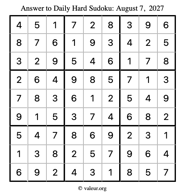 Answer to hard sudoku August 7, 2027