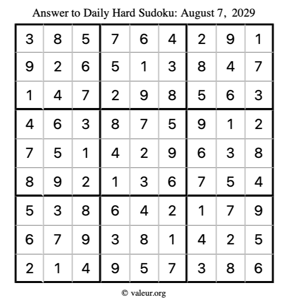 Answer to hard sudoku August 7, 2029