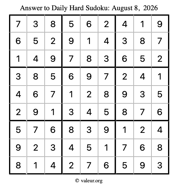 Answer to hard sudoku August 8, 2026