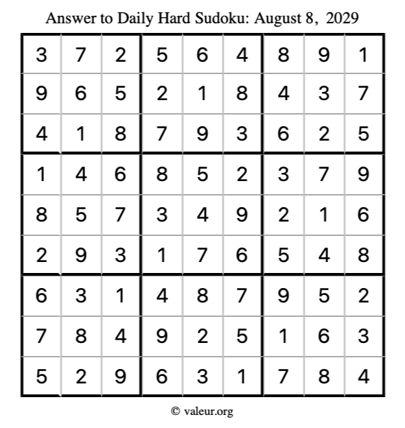Answer to hard sudoku August 8, 2029