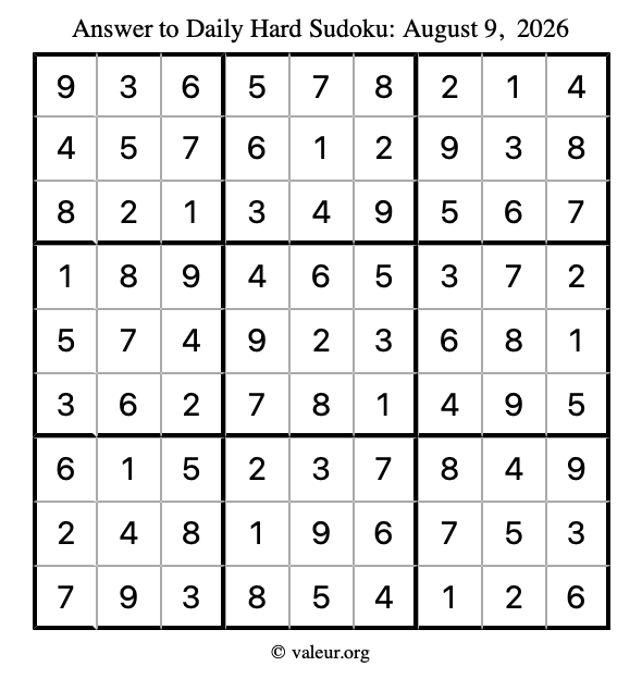 Answer to hard sudoku August 9, 2026