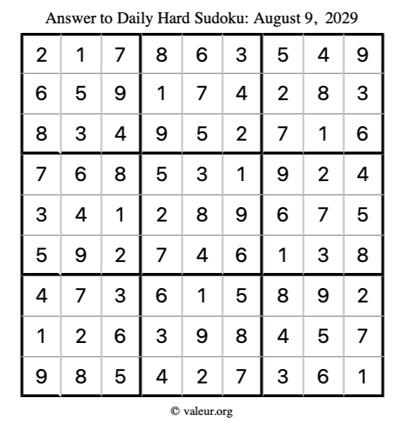 Answer to hard sudoku August 9, 2029