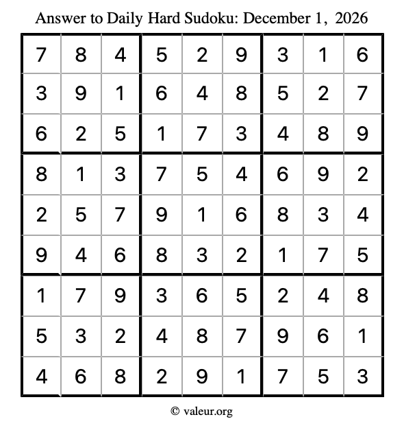 Answer to hard sudoku December 1, 2026
