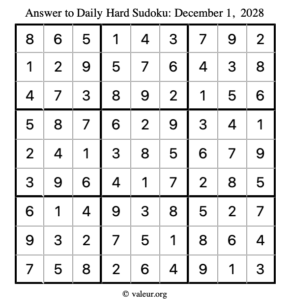 Answer to hard sudoku December 1, 2028