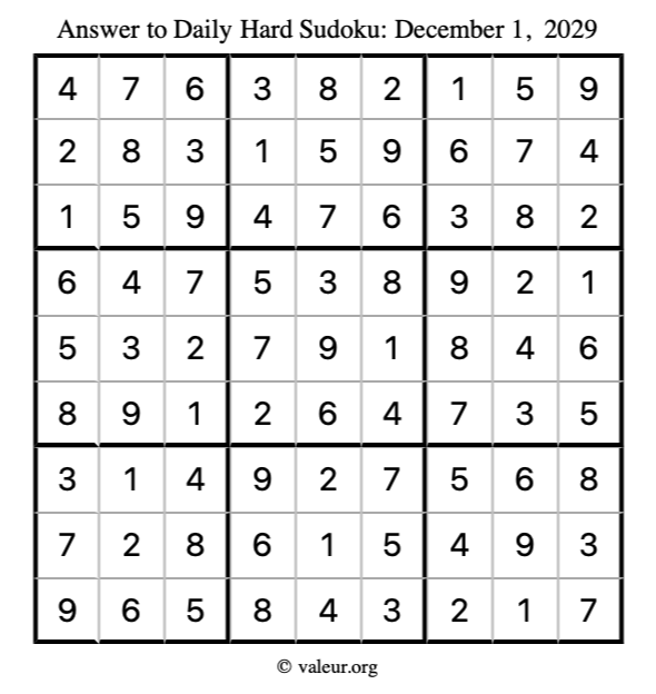 Answer to hard sudoku December 1, 2029
