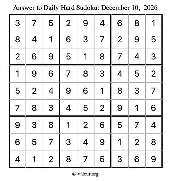 Answer to hard sudoku December 10, 2026