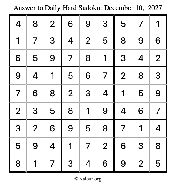 Answer to hard sudoku December 10, 2027