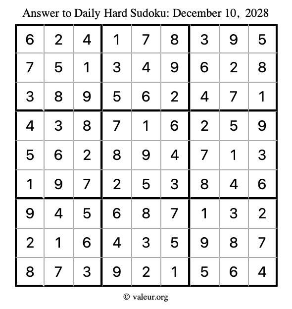 Answer to hard sudoku December 10, 2028