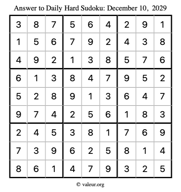 Answer to hard sudoku December 10, 2029
